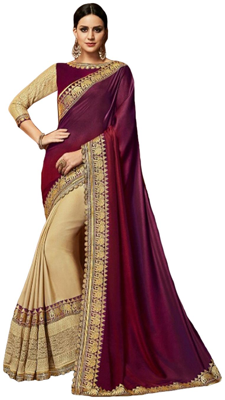 

DesiButik Party Wear Divine Wine And Cream Satin Silk Saree