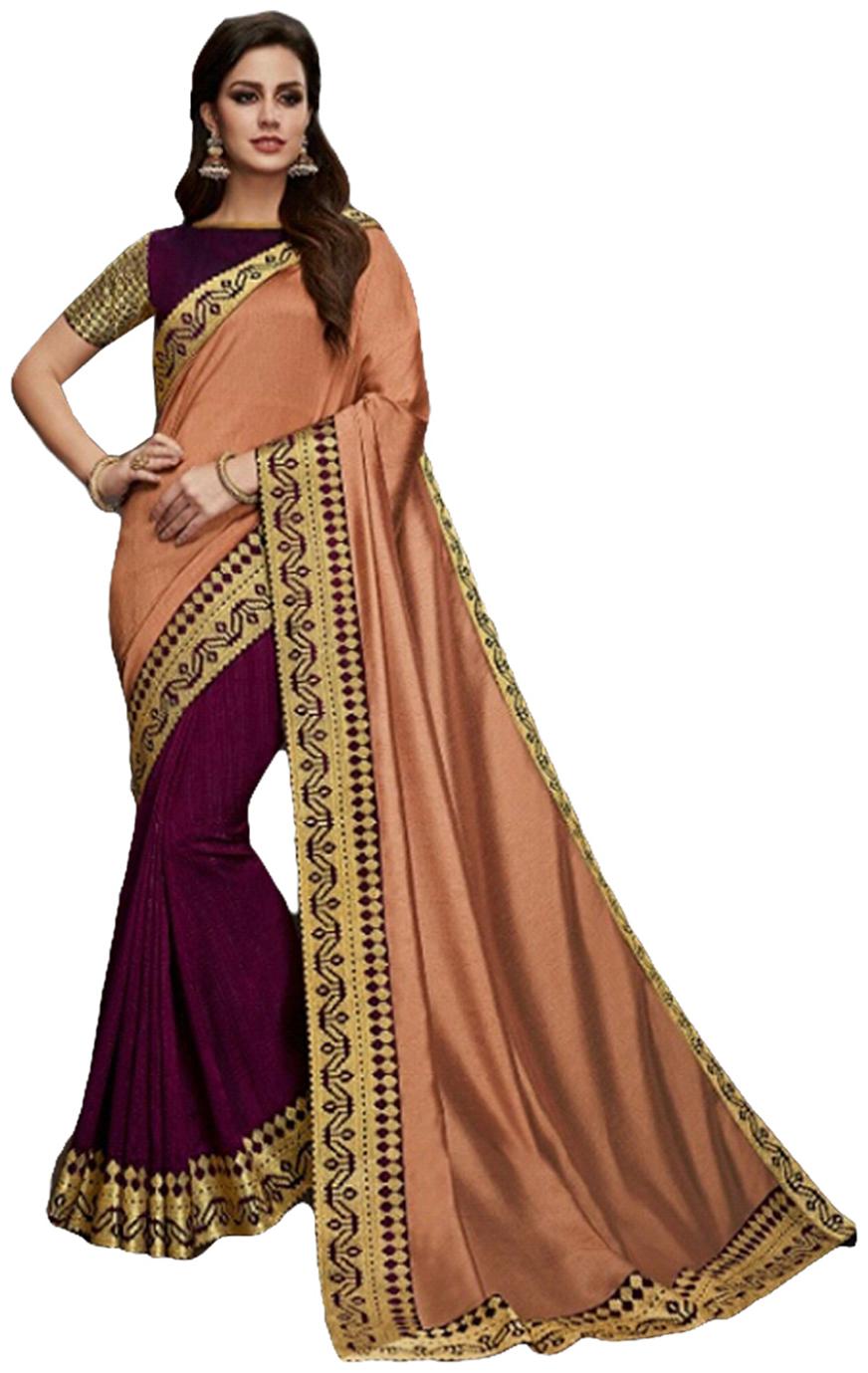 

DesiButik Party Wear Graceful Peach And Wine Satin Silk Saree