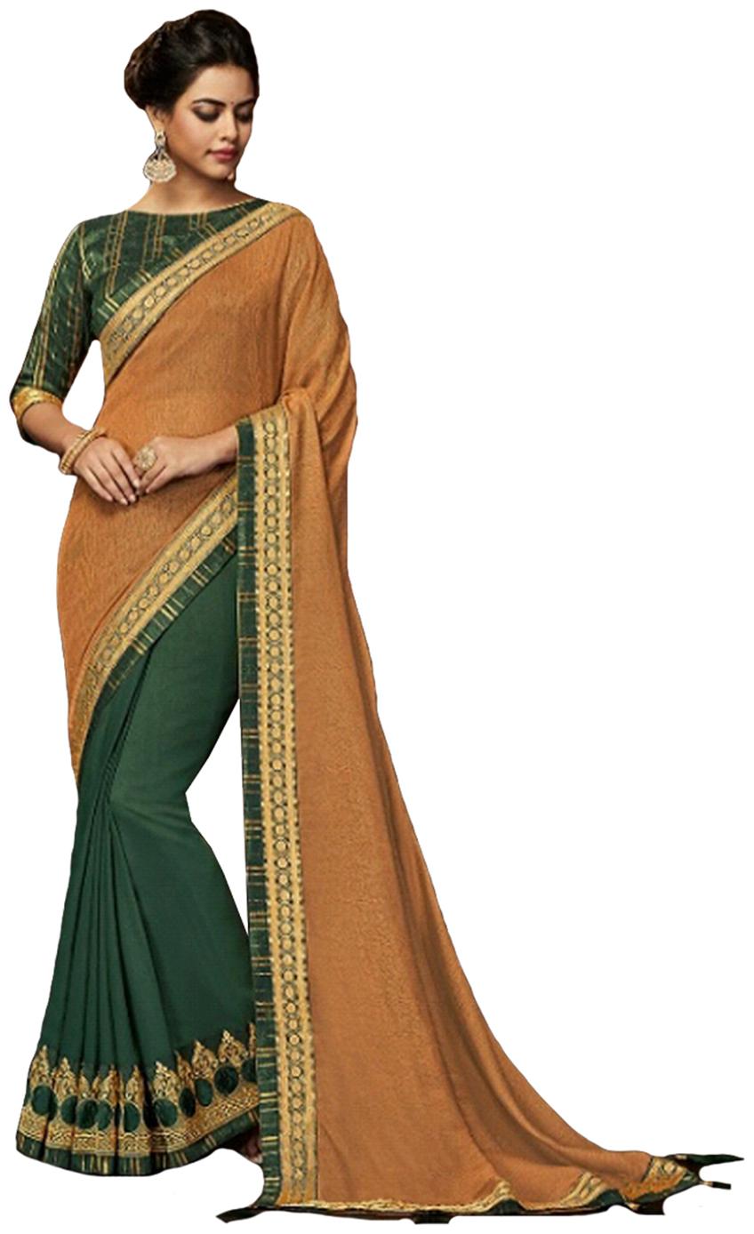

DesiButik Party Wear Lovely Orange And Green Satin Silk Saree