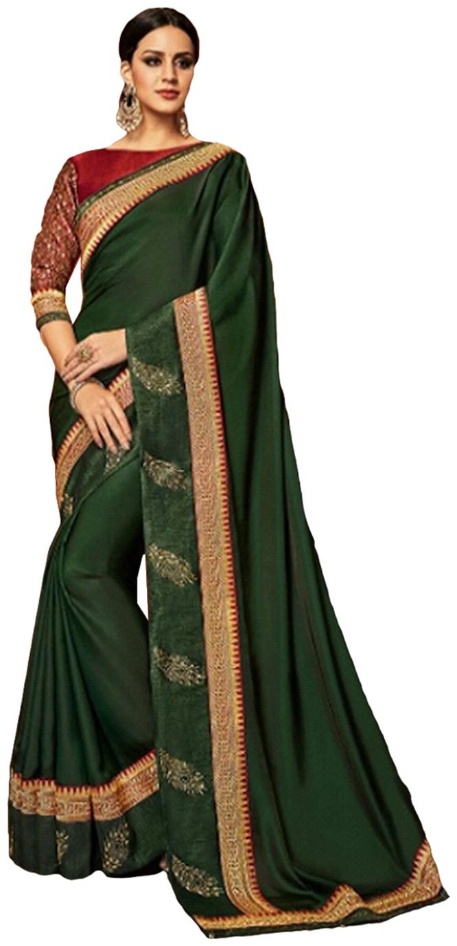 

DesiButik Party Wear Gorgeous Green Satin Silk Saree