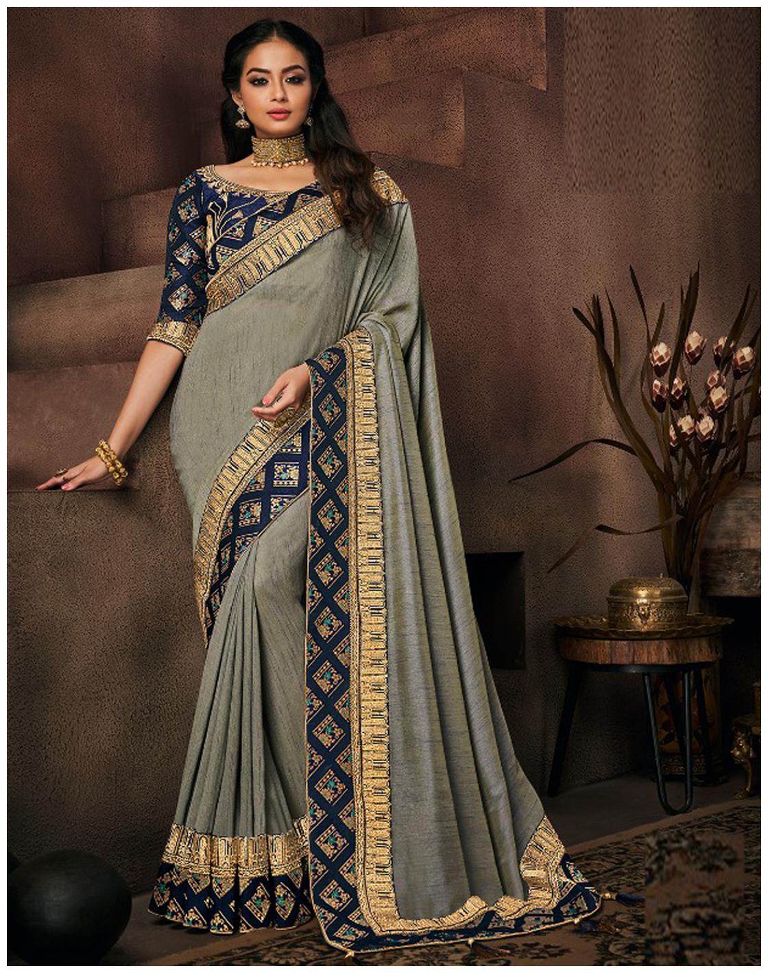 

Desibutik Grey Floral Universal Designer Saree With Blouse With blouse