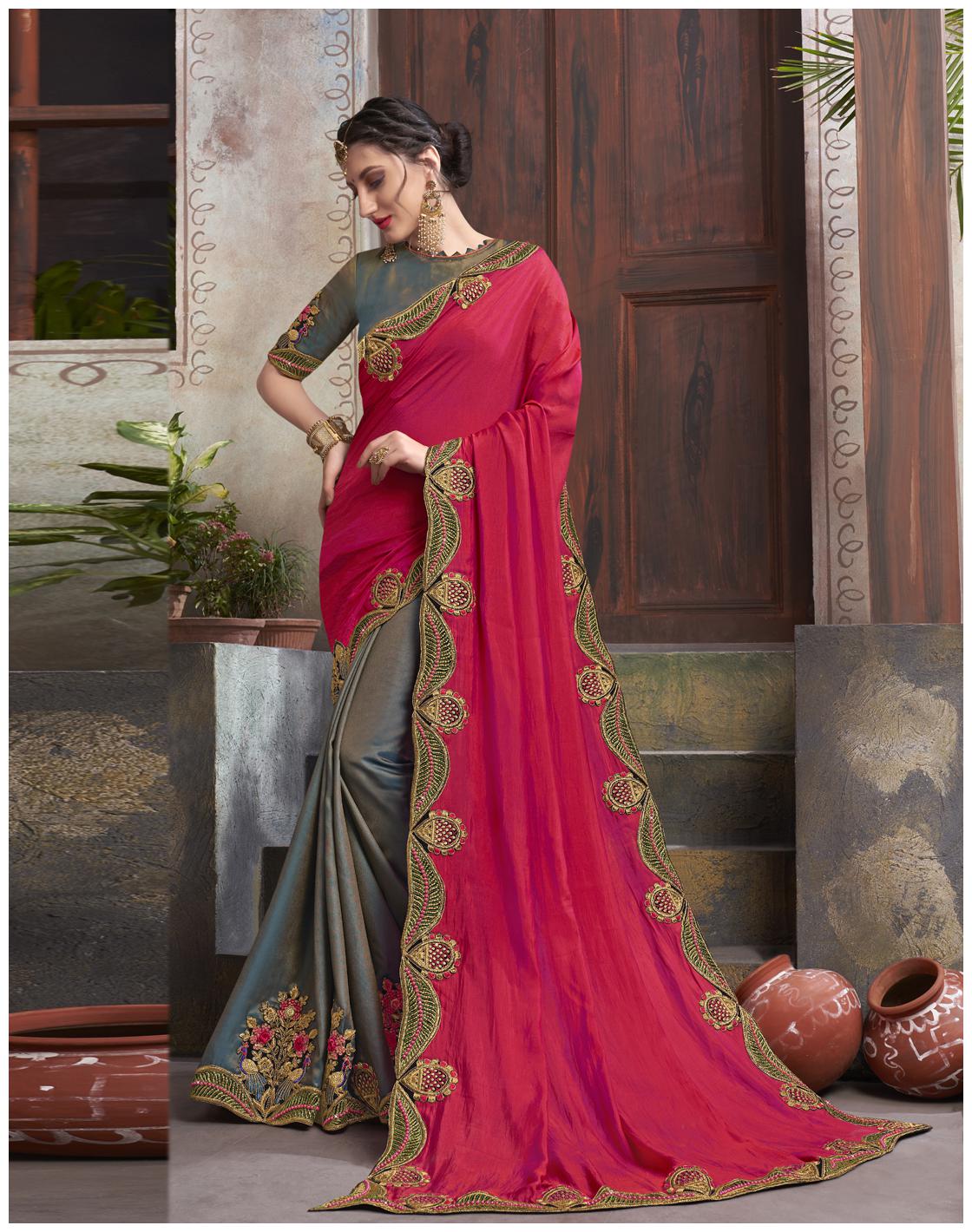 

DesiButik Party Wear Classy Grey And Pink Fancy Silk Saree