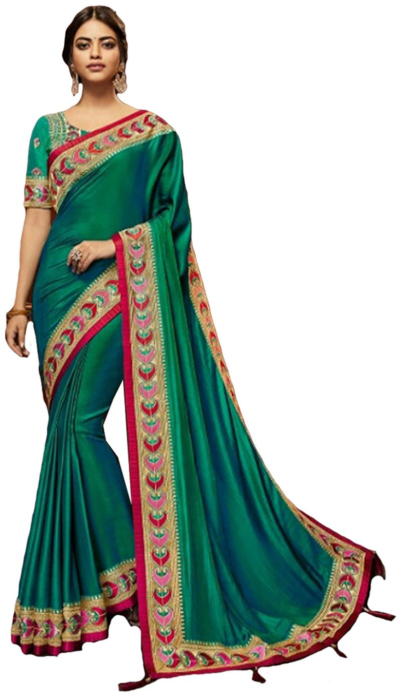

Desibutik Green Embroidered Universal Designer Saree With Blouse With blouse