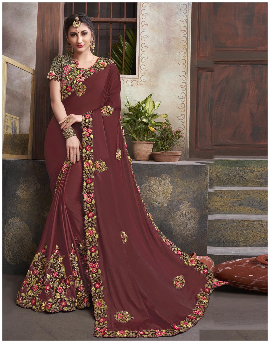

Desibutik Brown Floral Universal Designer Saree With Blouse With blouse