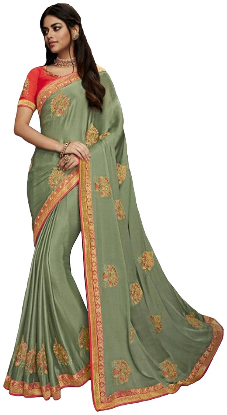 

DesiButik Party Wear Alluring Green Satin Silk Saree