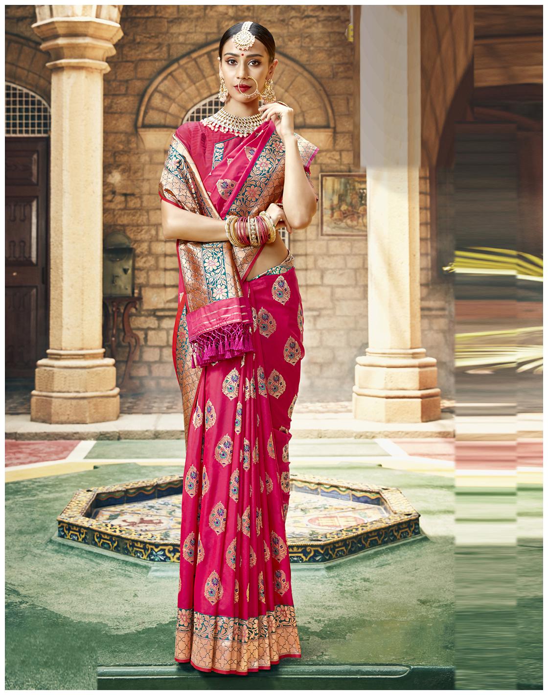 

Desibutik Pink Floral Universal Designer Saree With Blouse With blouse
