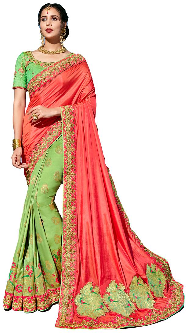 

DesiButik Party Wear Lovely Green And Orange Silk Saree
