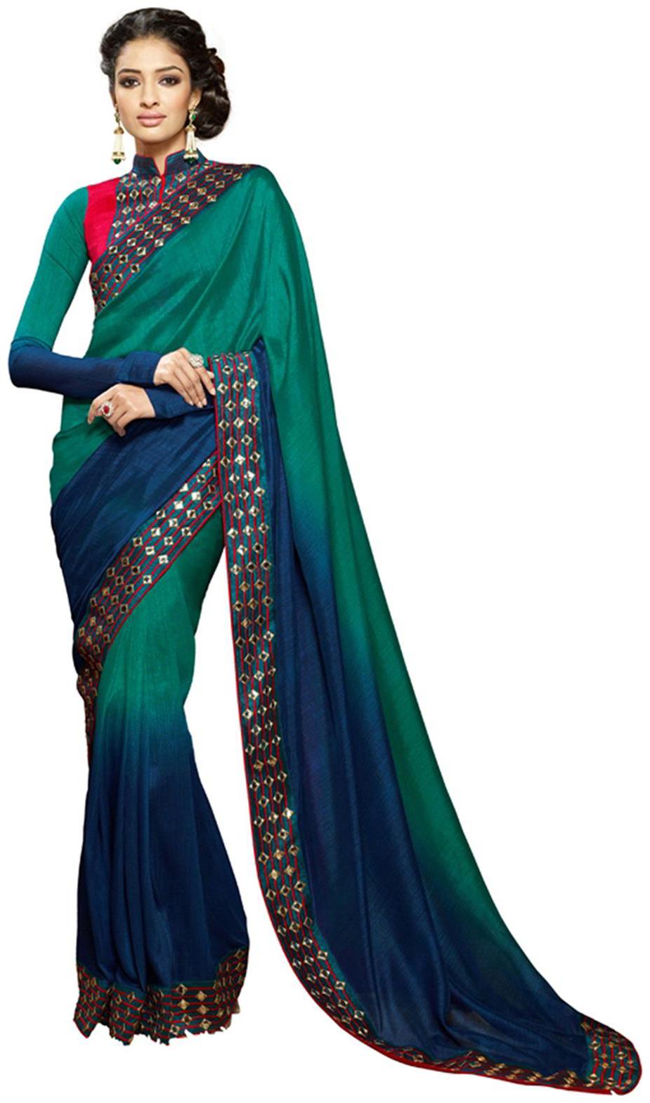 

DesiButik s Ravishing Green And Blue Viscose Saree