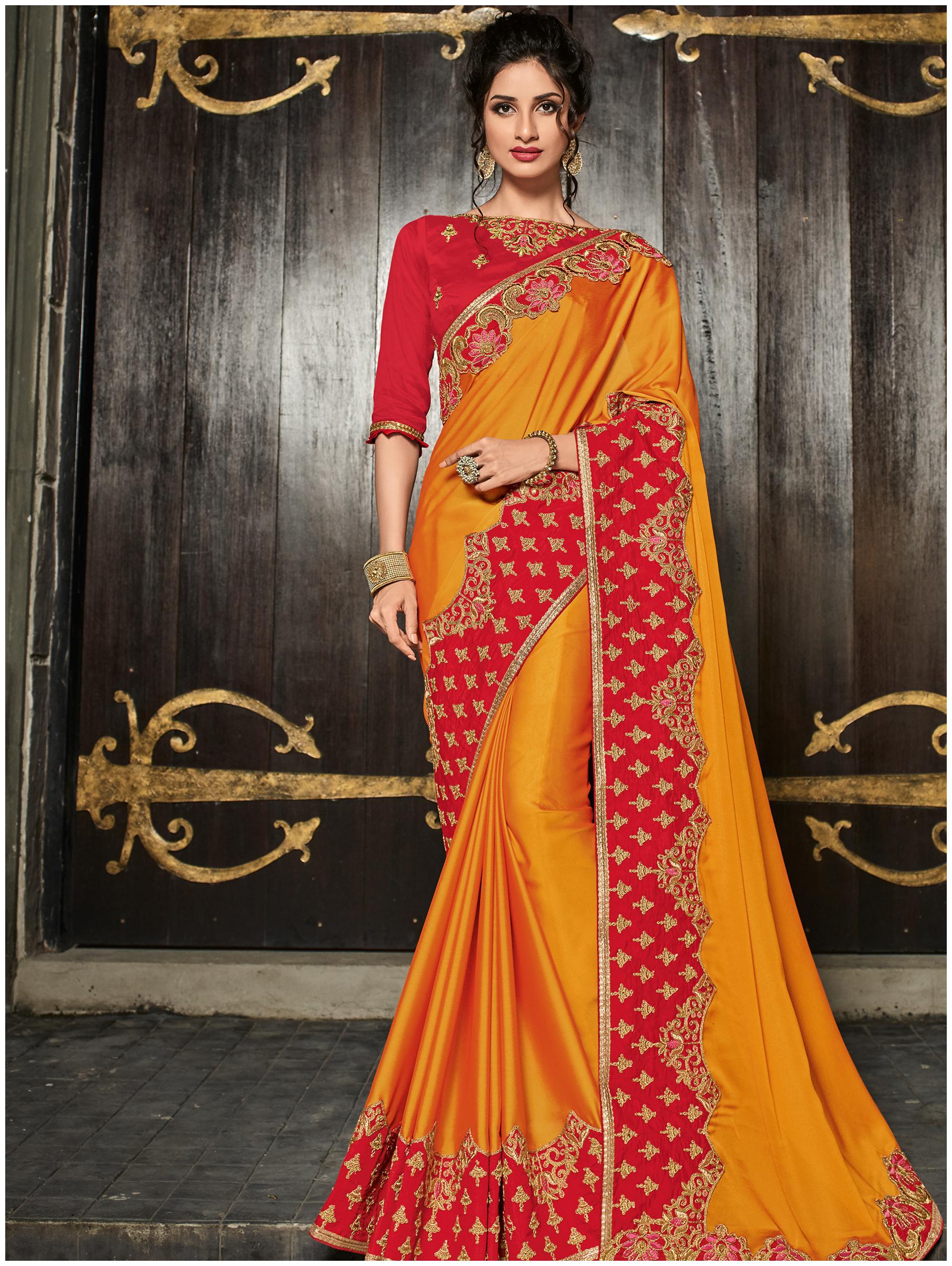 

Desibutik Orange Embroidered Kalamkari Designer Saree With blouse