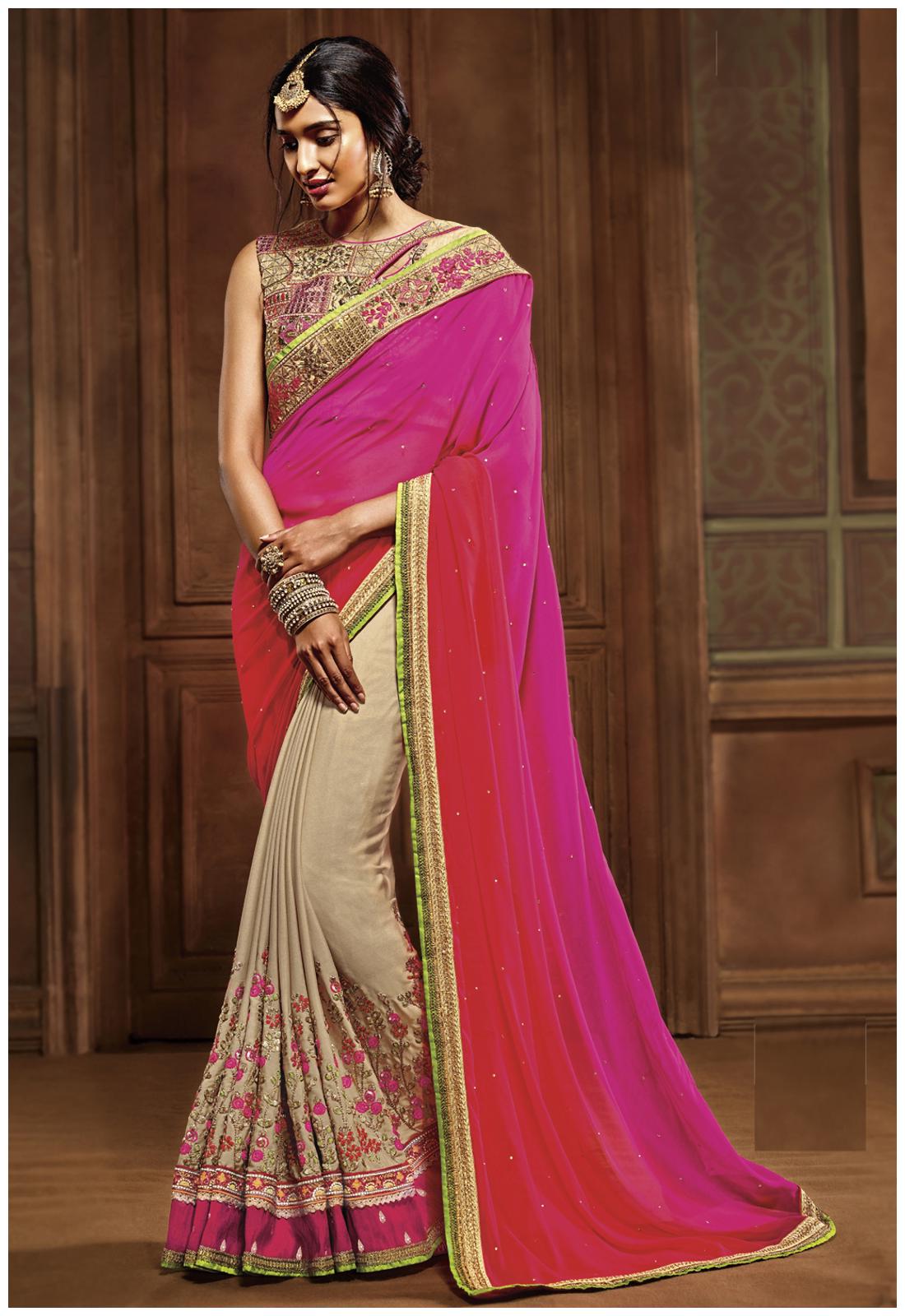 

DesiButik s Beautiful Beige And Pink Chinon And Georgette Half Half Saree