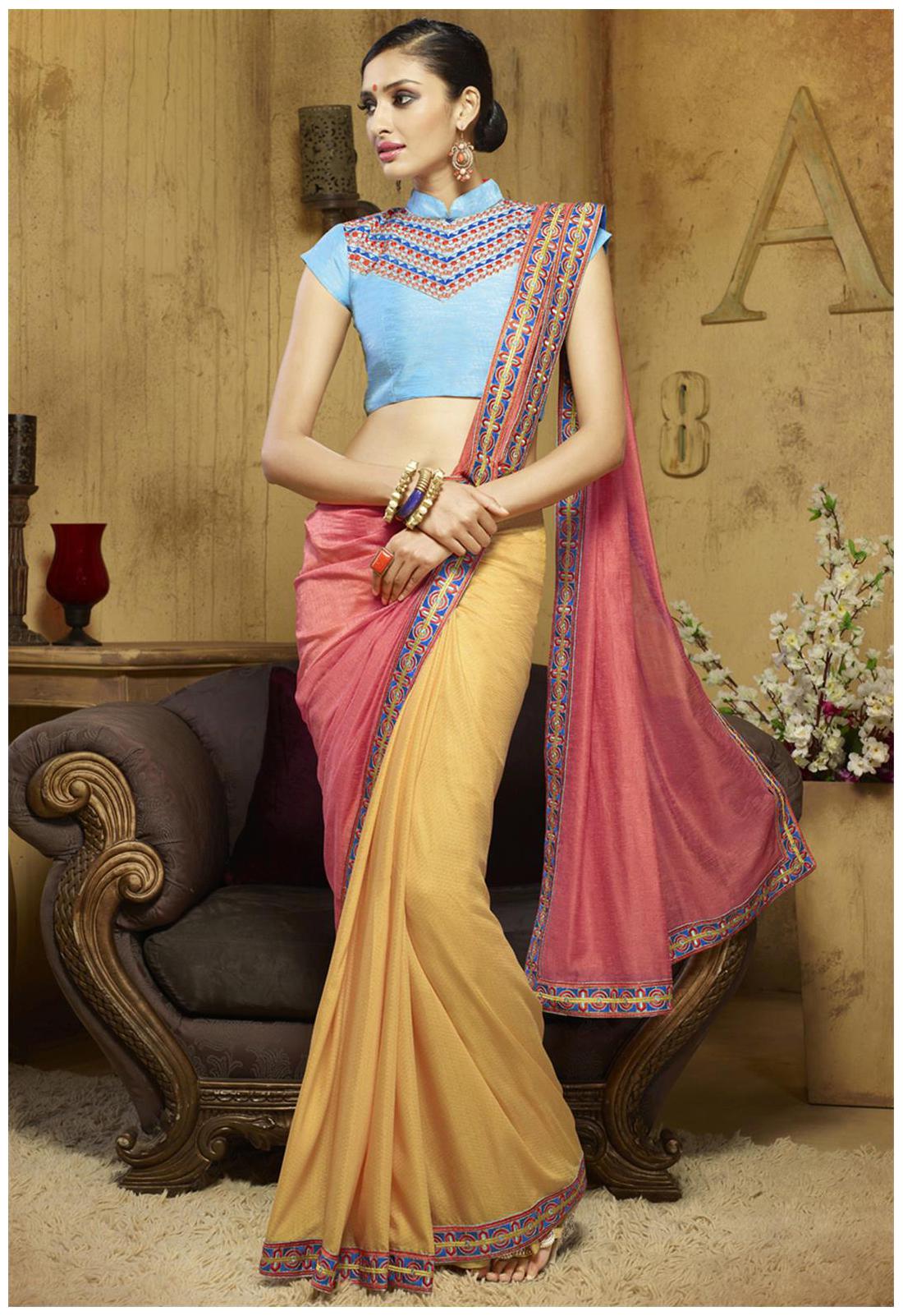 

Desibutik Yellow Solid Universal Half Half Saree With Blouse With blouse