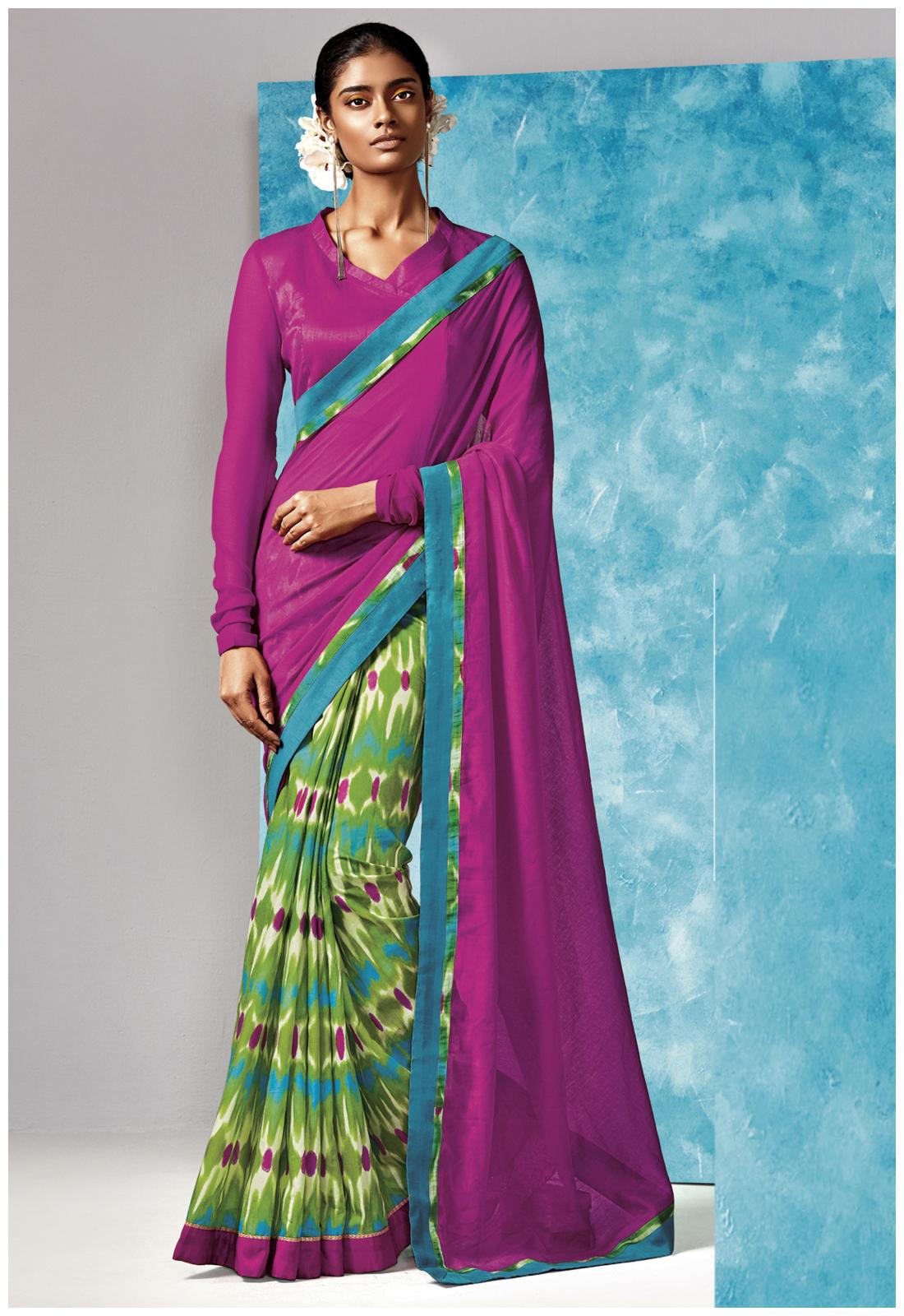 

Desibutik s Magnificent Magenta And Green Liva And Silk Saree