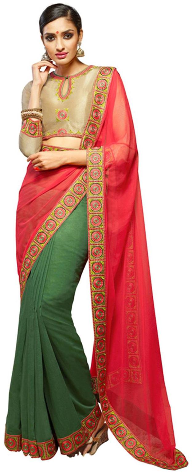 

DesiButik s Alluring Green And Peach Viscose Saree