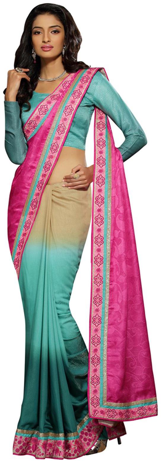 

DesiButik s Alluring Pink And Blue Viscose Saree