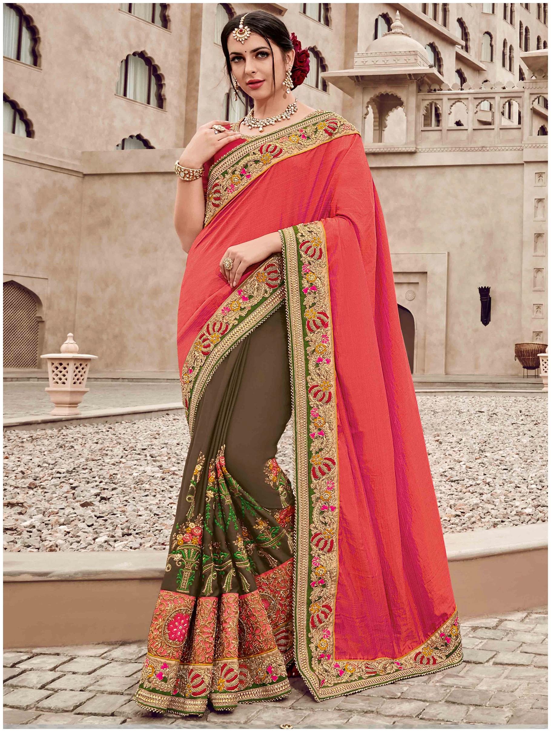 

DesiButik s Lavishing Orange And Brown Two Tone Silk Satin Saree