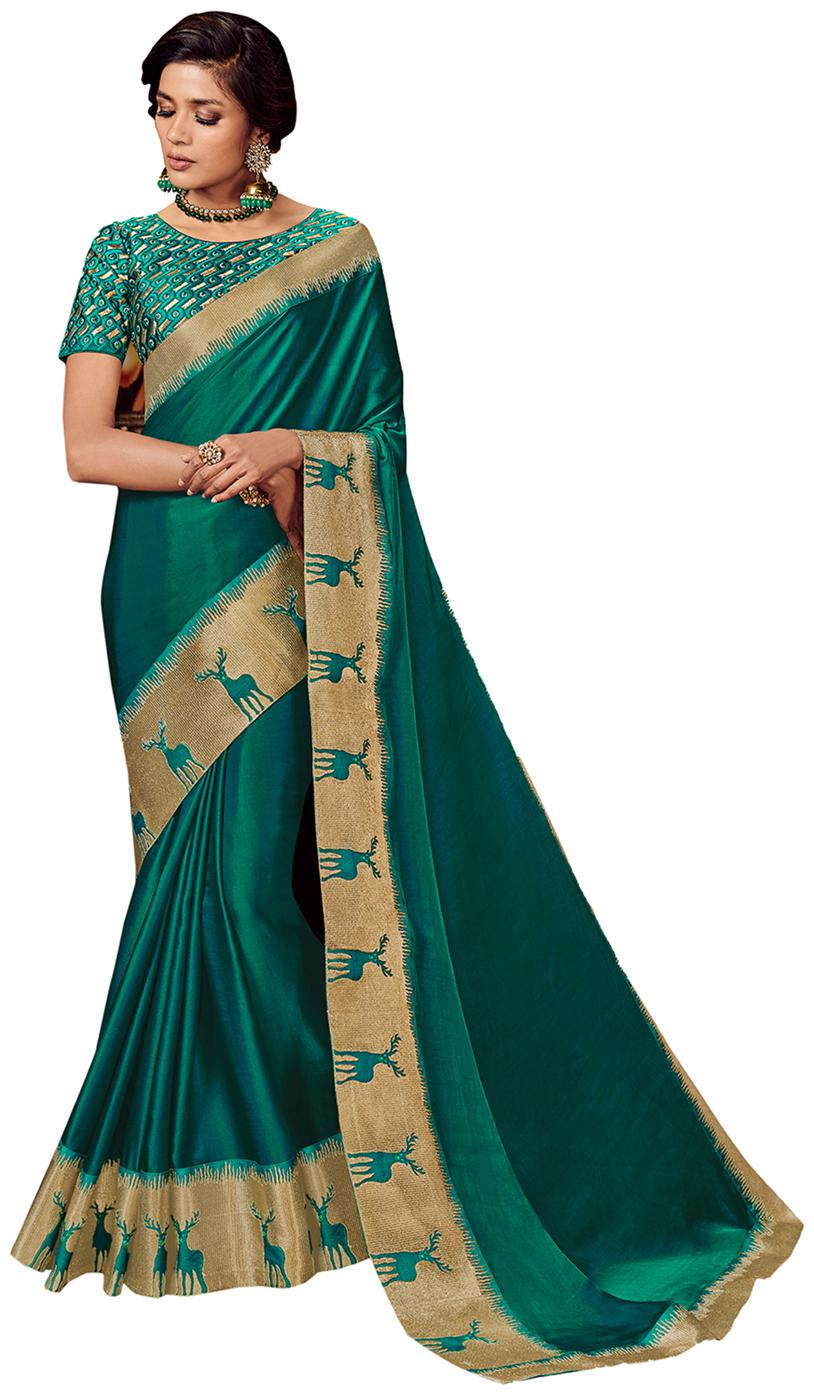 

Desibutik Satin Party Designer Saree With Blouse Green