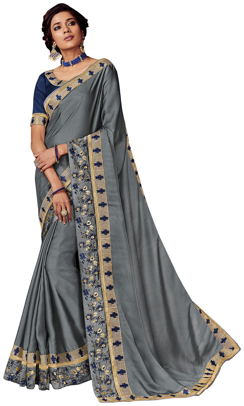 

Desibutik Satin Party Designer Saree With Blouse Grey