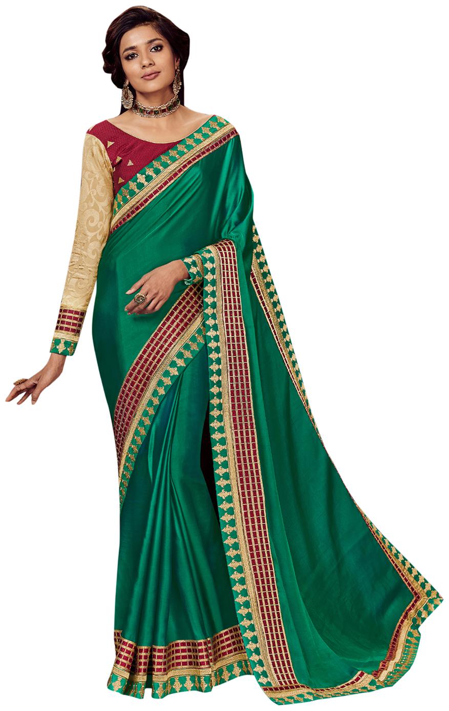 

Desibutik Satin Party Designer Saree With Blouse Green