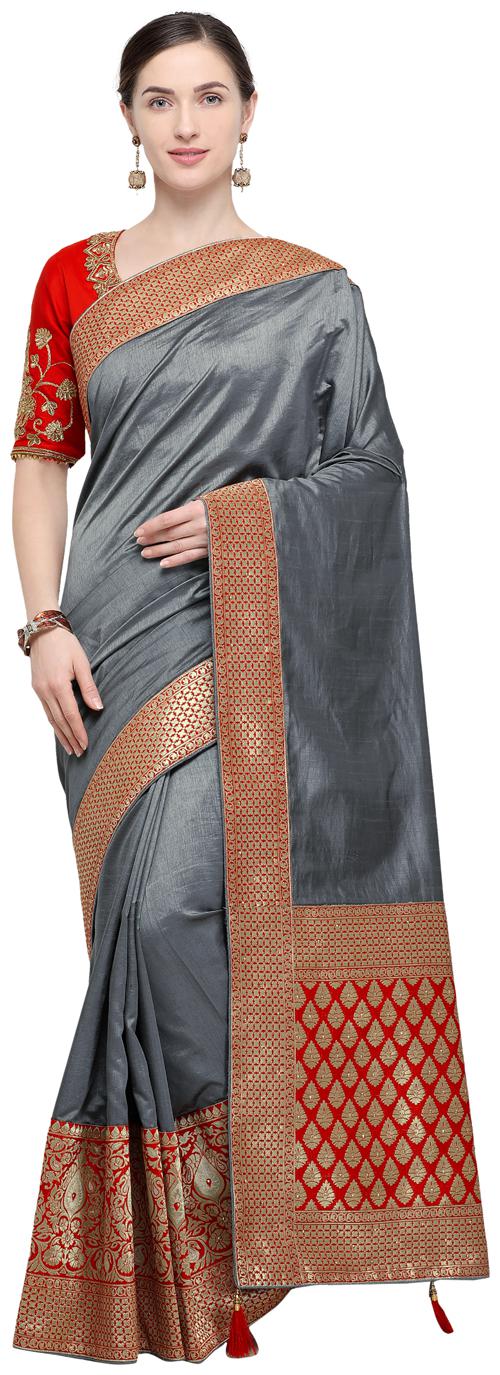 

Desibutik Grey Floral Universal Designer Saree With Blouse With blouse
