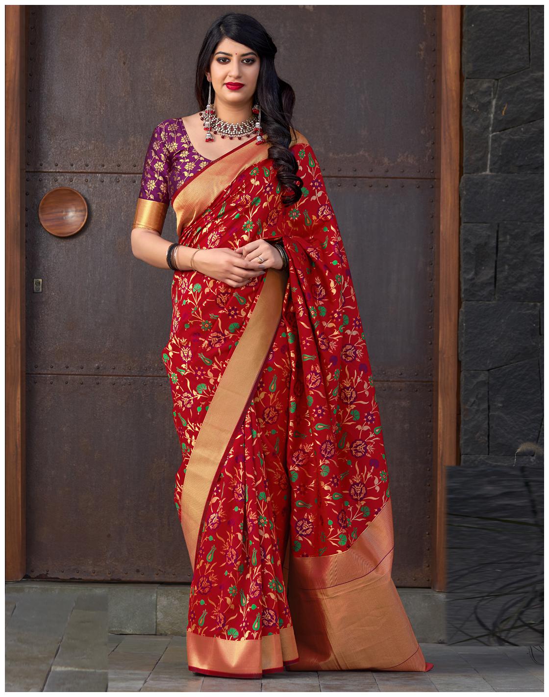 

Desibutik Silk Floral Red Designer Saree