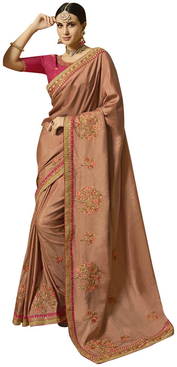 

DesiButik Women Party Wear Silk Universal Saree With Blouse Orange color
