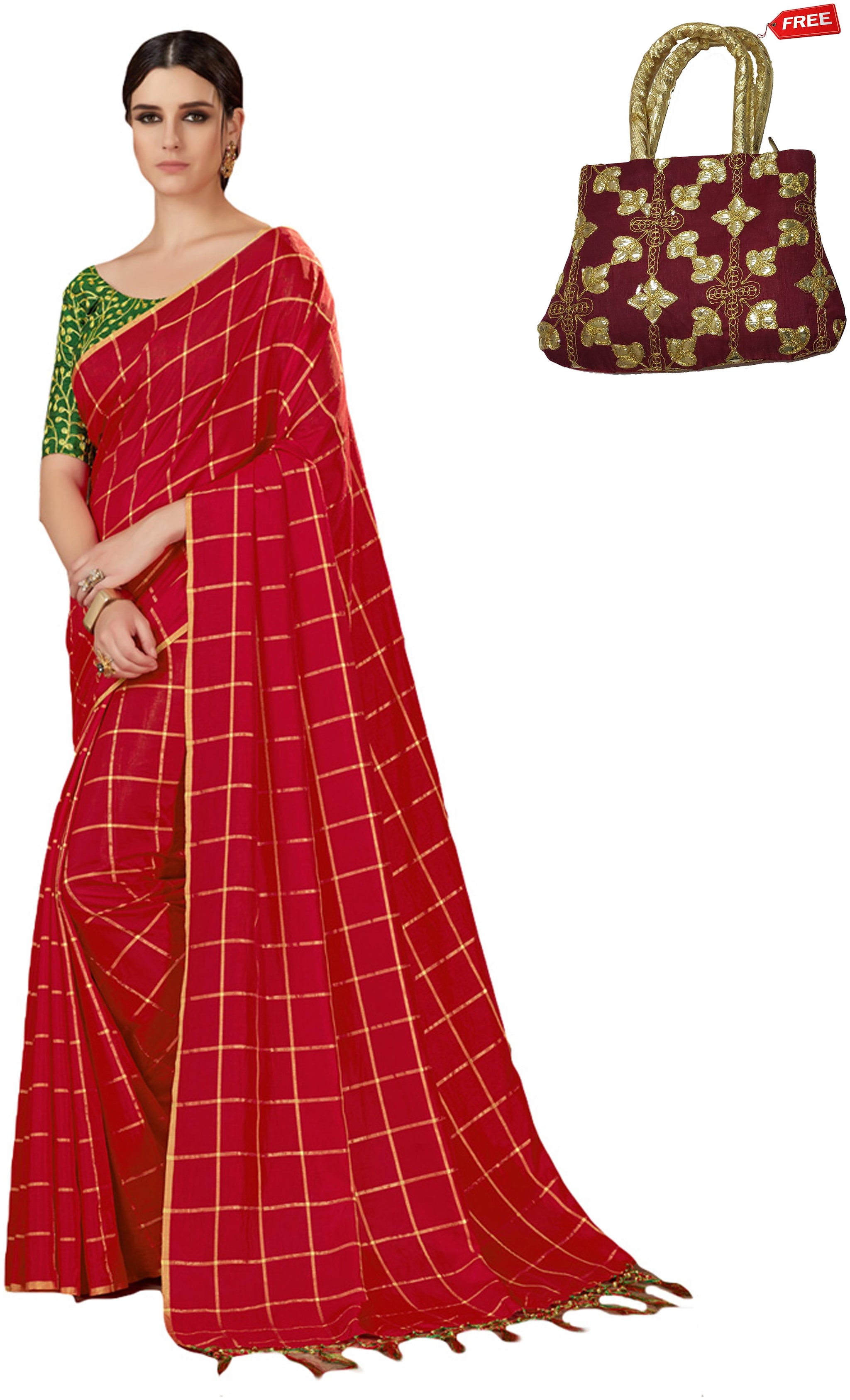 

Desibutik Women Silk Universal Saree With Blouse - Red With Free Matching Purse