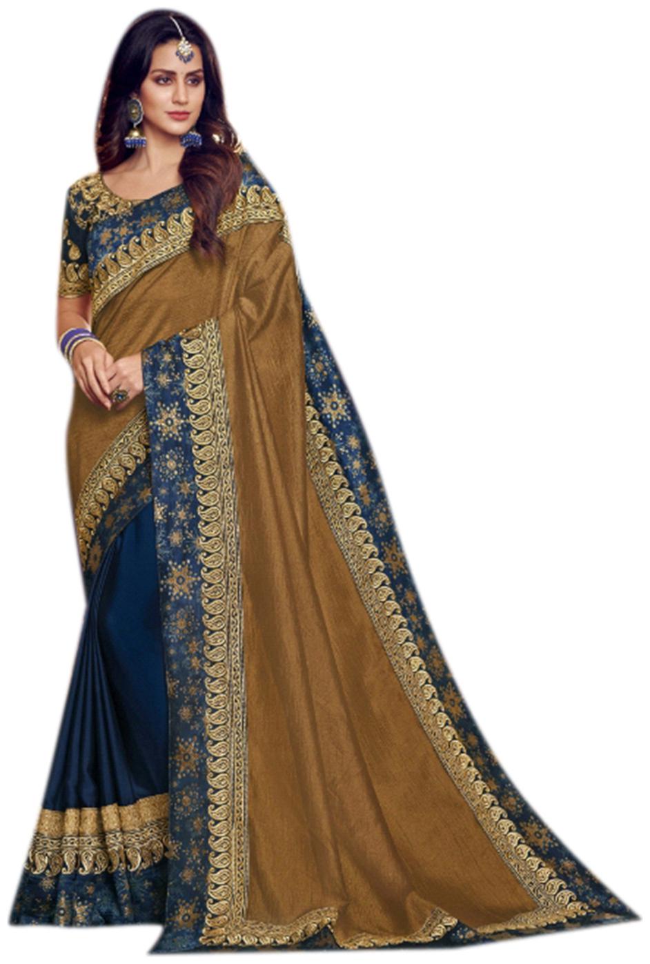 

DesiButik Women Party Wear Silk Universal Saree With Blouse Brown and Blue color