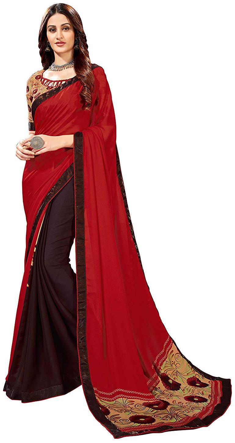 

Desibutik Women Chiffon Saree With Blouse Red and Brown color