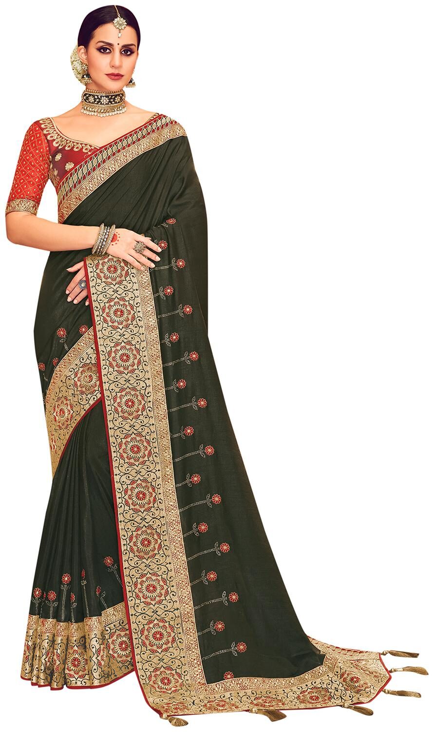 

Desibutik Green Embroidered Universal Designer Saree With Blouse With blouse