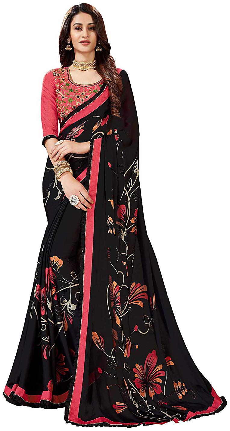 

Desibutik Women Georgette Saree With Blouse Black color