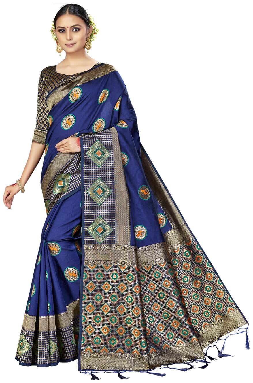 

Desibutik Women Artificial Silk Woven Navy Blue Regular Saree With Blouse