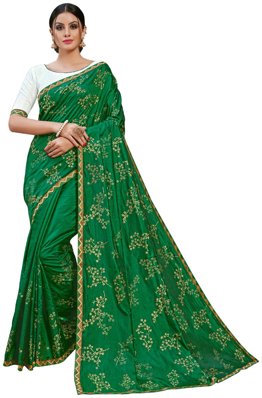 

Desibutik Green Embroidered Universal Designer Saree With Blouse With blouse