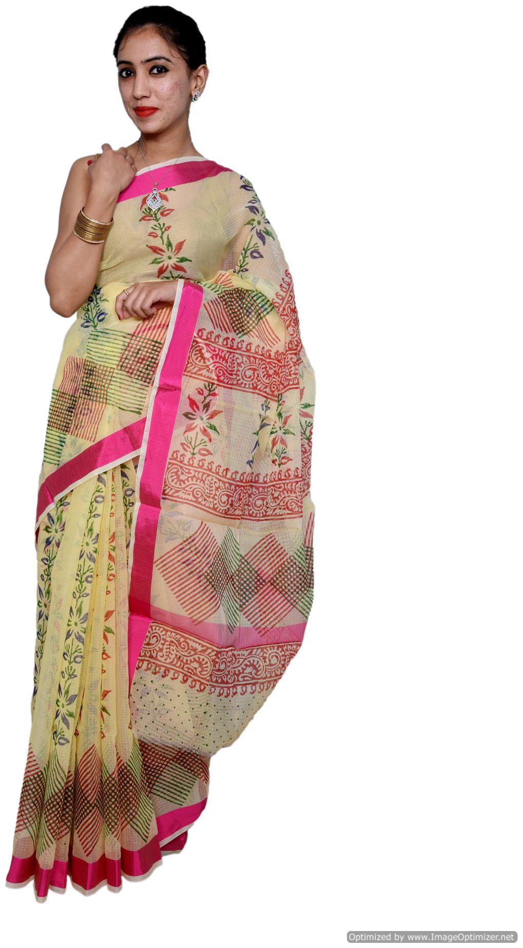 

Designer Beige Block Printed Kota Cotton Saree KSC105