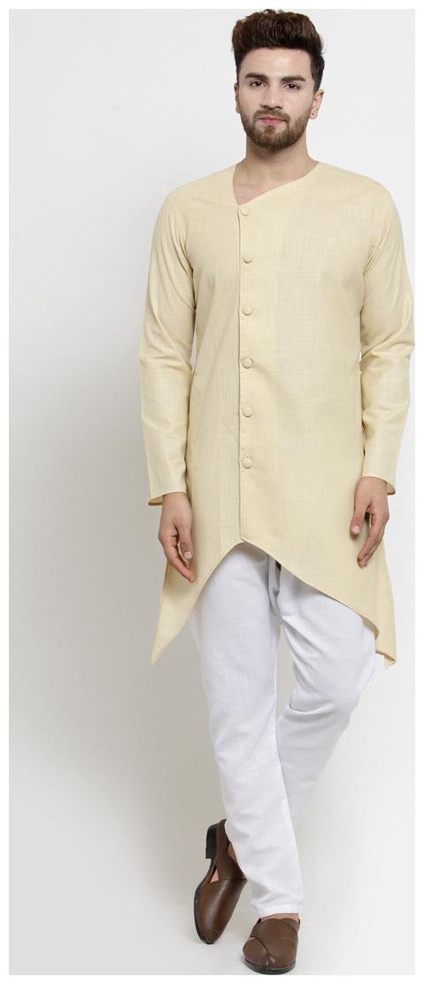 

Designer Beige Linen Kurta With Aligarh Pyjama For Men By Visach