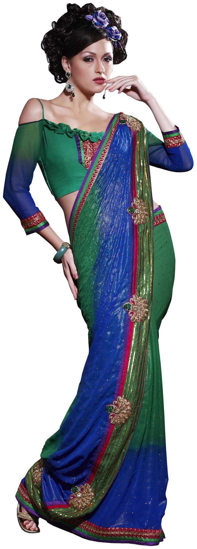 

Designer Blue Green georgette embroidered saree SC119