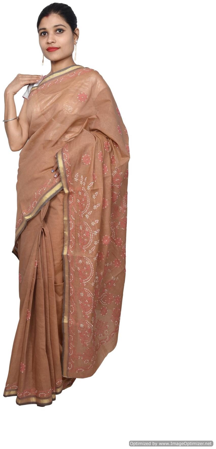 

Designer Brown Chikankari Embroidered Cotton saree