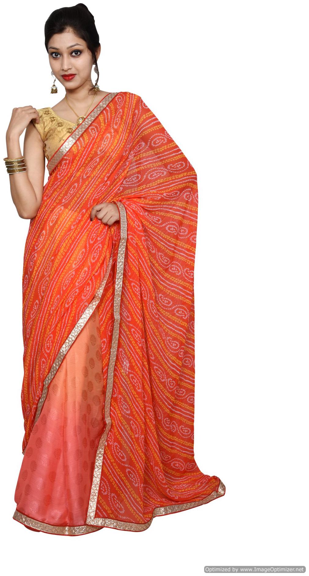 

Designer Carrot Pink Printed Bandhej Embellished Saree SP15