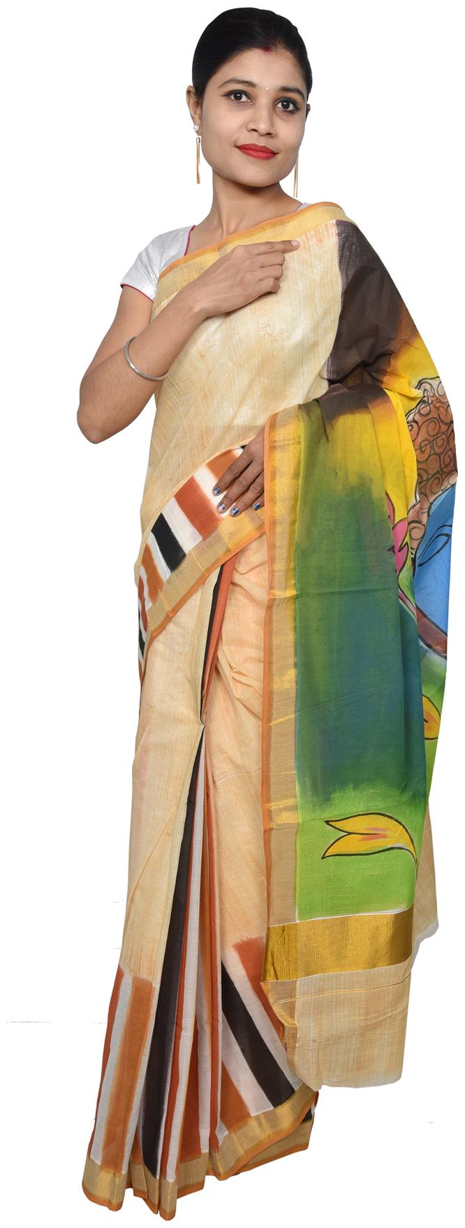 

Designer Hand Painted Buddha Motif Kerela Cotton Saree KHP03