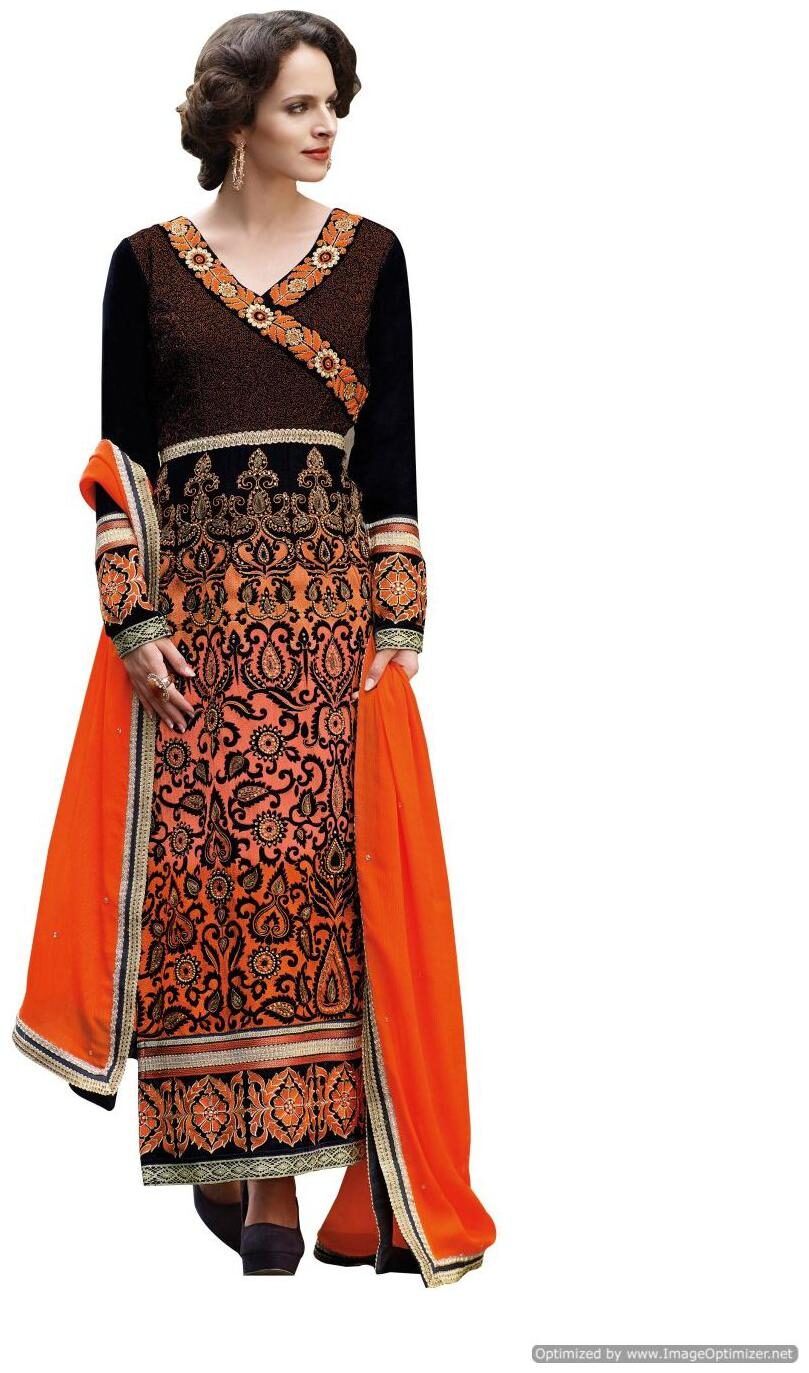 

Designer Micro Velvet Brown Orange Salwar kameez Dress Material SC7273