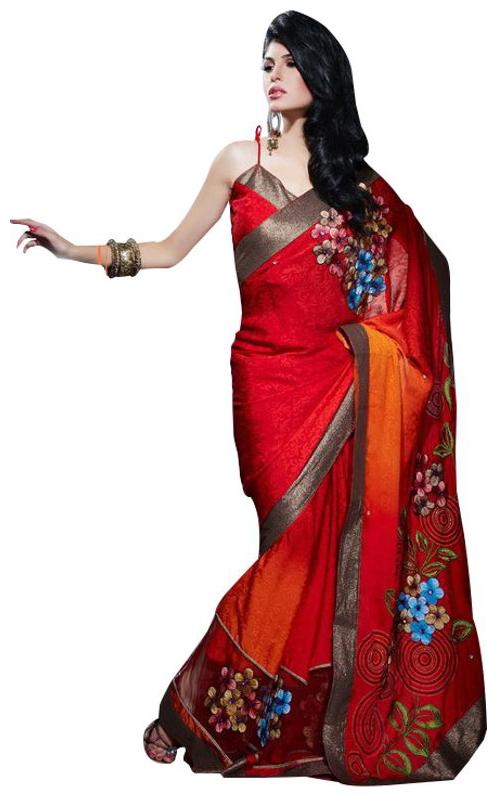 

Designer Orange Jequard Crepe Embroidered Saree 406