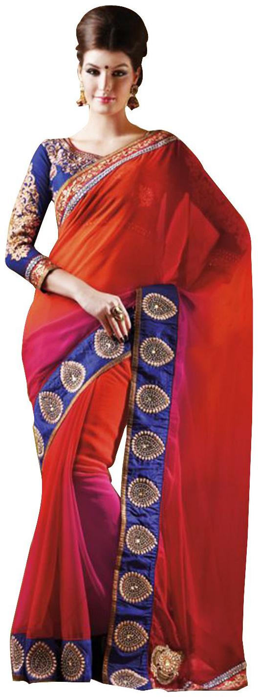 

Designer Orange Multi Shaded Georgette Embroidered Saree