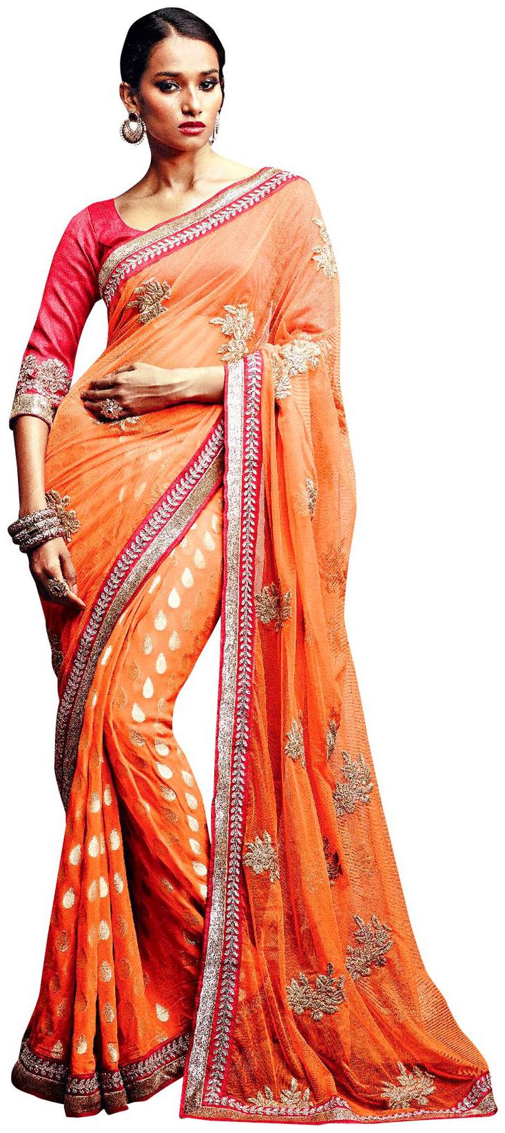

Designer Orange Net Viscose Butti Saree SC33520