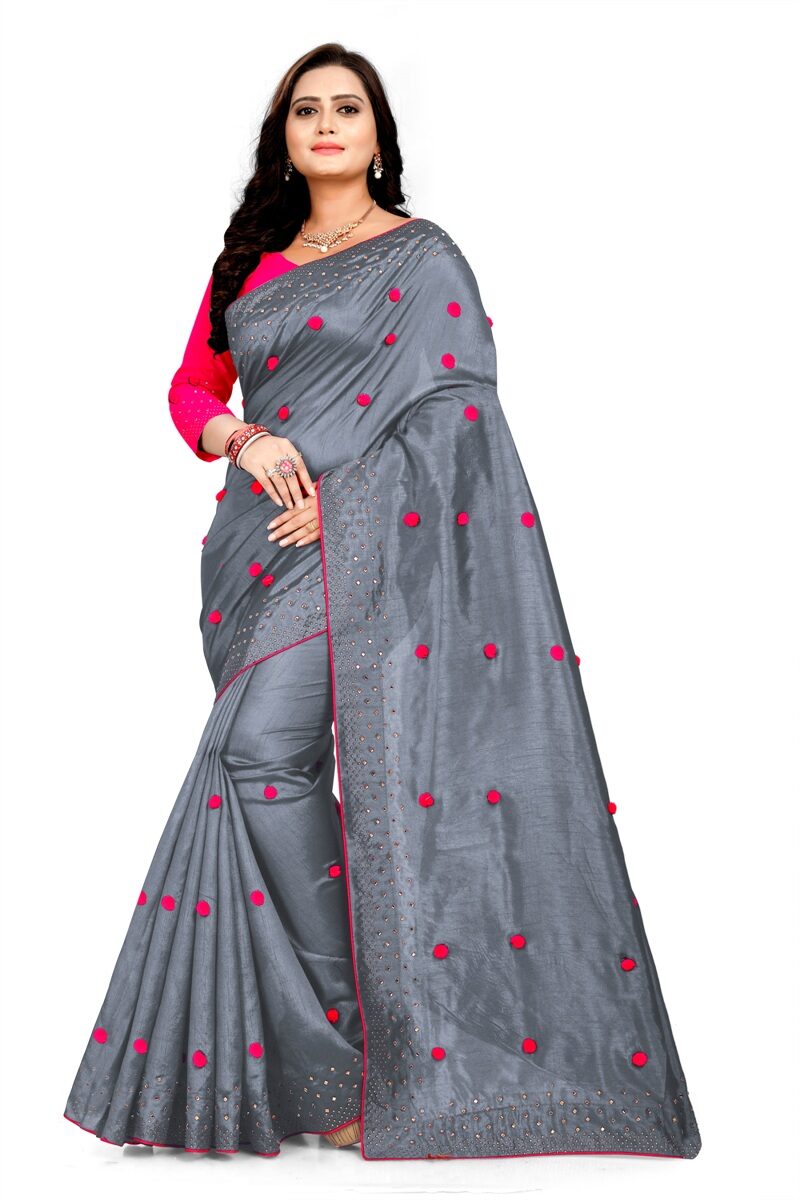 

Designer Paper Silk Pumpum Work And Hot Fix Work Saree