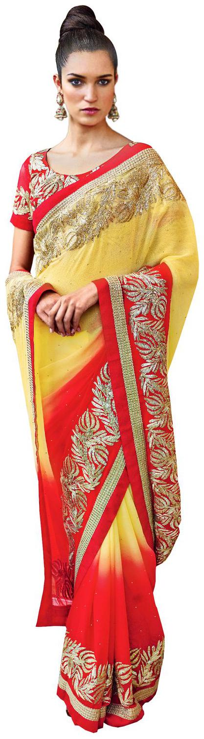 

Designer Partywear Yellow Red Embroidered Chiffon Saree SC2570