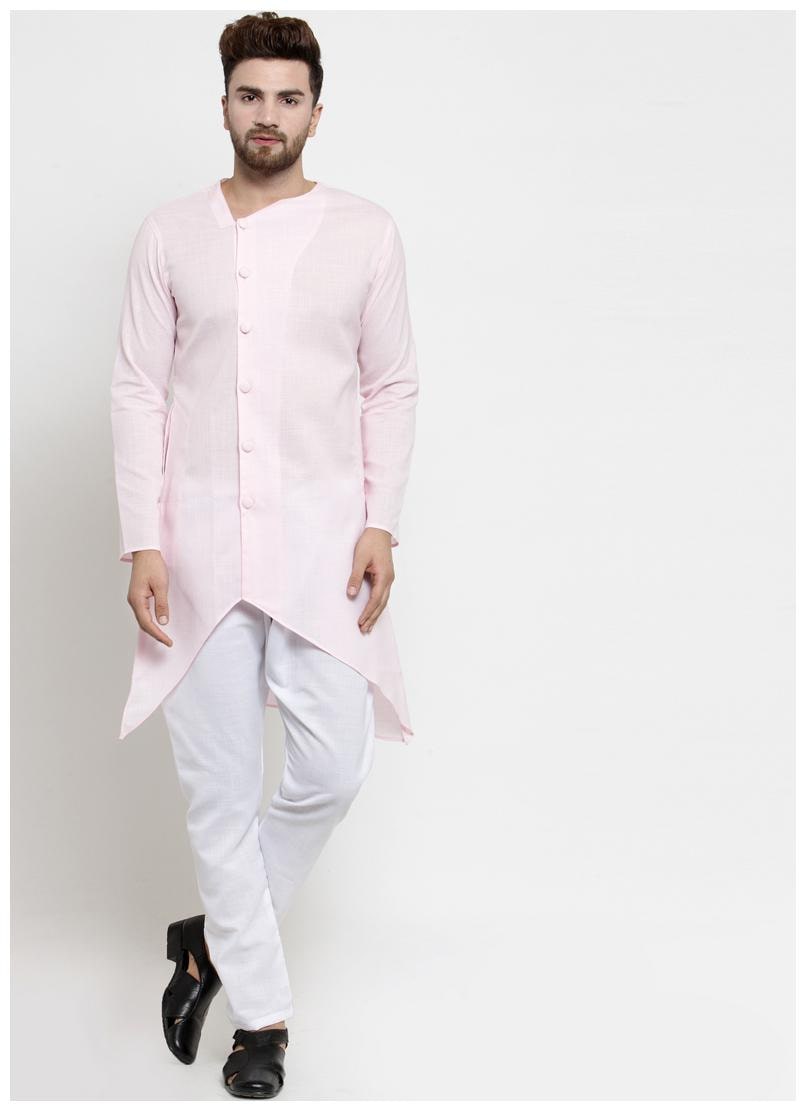 

Designer Pink Linen Kurta With Aligarh Pyjama For Men By Visach