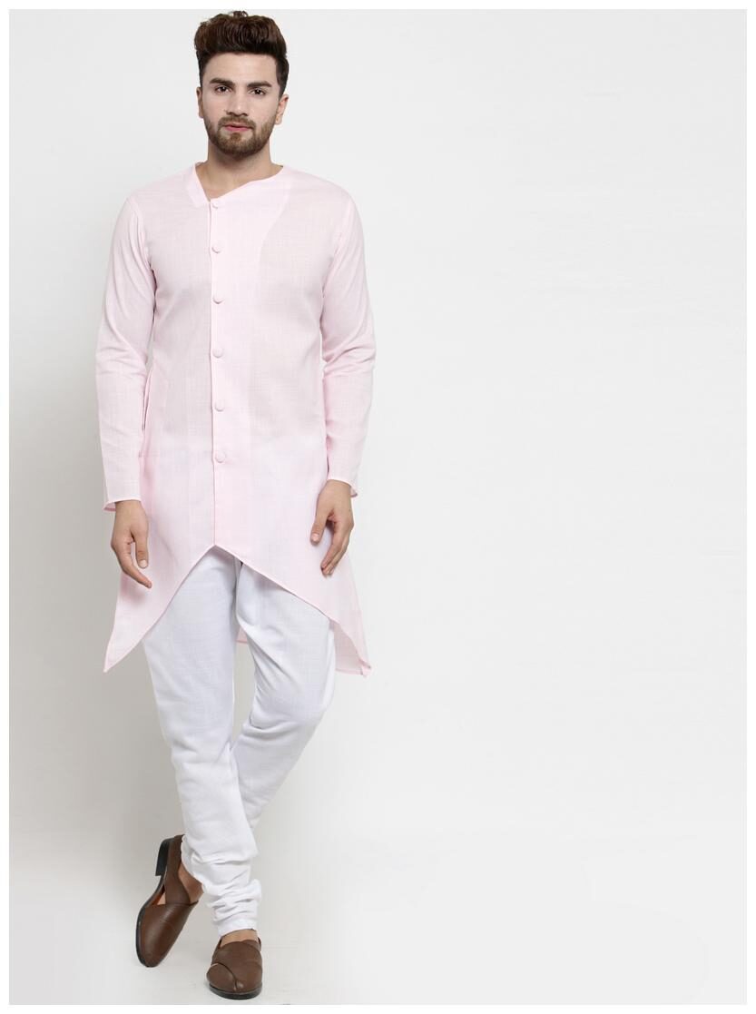 

Designer Pink Linen Kurta With Chudidar Pyjama For Men By Visach