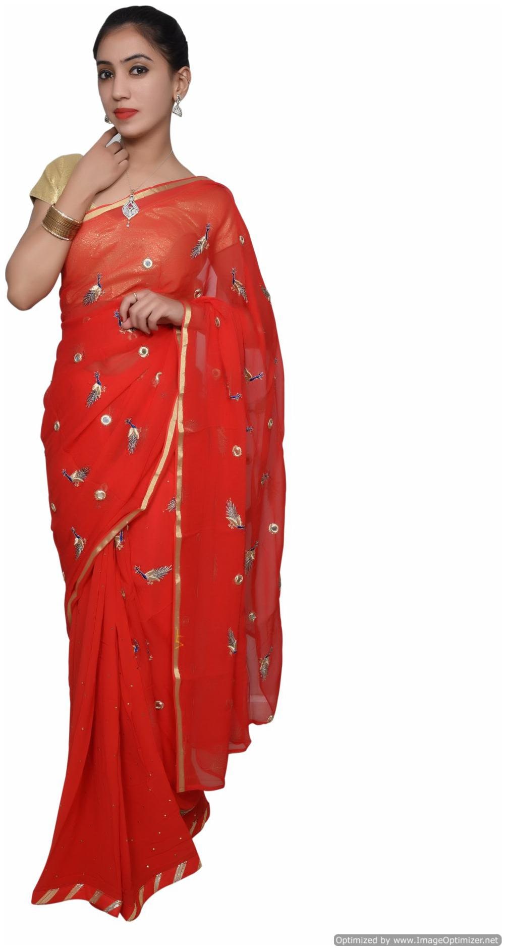 

Designer Red Chiffon Georgette Peacock Motif Saree SP07