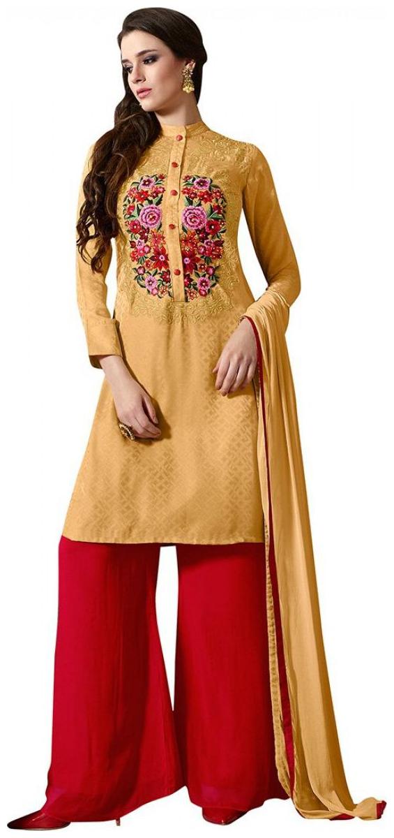 

Designer Yellow Georgette Embroidered Dress Material With Chiffon Dupatta M1124