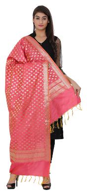 

Devam Women s Pink Orange Color Ethically Hand Crafted Designer Woven Dupatta With Zari