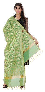

Devam Women s Green Gold Color Ethically Hand Crafted Designer Woven Dupatta With Zari